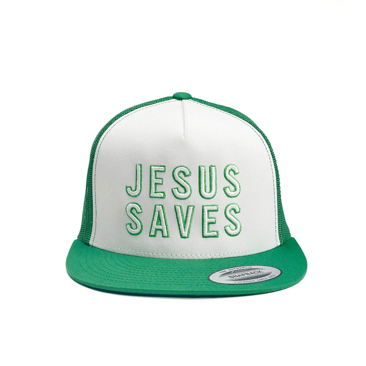 JESUS SAVES 3D Embroidered Flatbill Hat [Kelly/White]