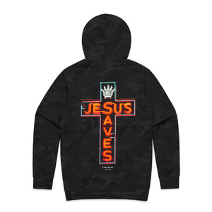JESUS SAVES<br>Youth Hoodie [Black Camo]