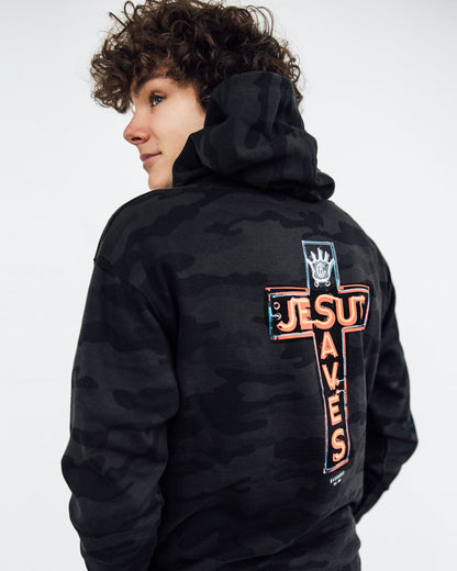 JESUS SAVES Kids Hoodie [Black Camo]